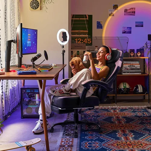 Miniatura 2 de PUKAMI Silla de juegos con reposapiés, silla ergonómica para jugadores para adultos, silla reclinable de juego de computadora estilo carreras