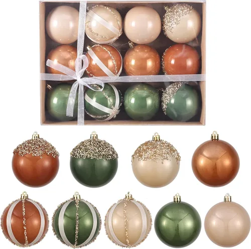 Juego de 12 adornos de bola de Navidad, color marrón, verde, champán, de lujo, neutro, inastillable, decoración de árbol de Navidad de 3.15