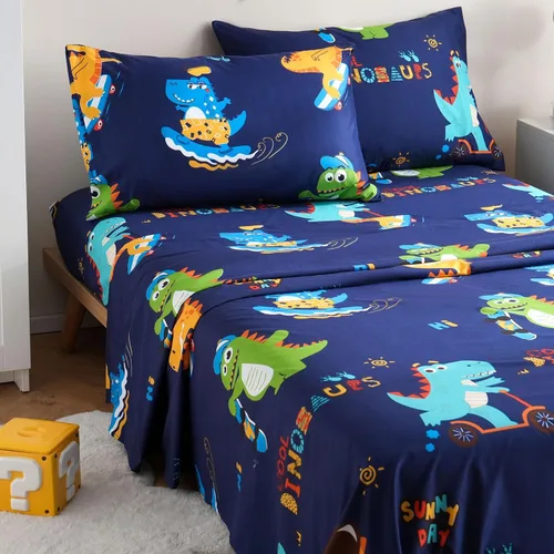 Miniatura 20 de JSD Juego de sábanas de dinosaurio para niños, tamaño individual, 3 piezas, sábanas de microfibra con estampado suave para niños y niñas, bolsillo