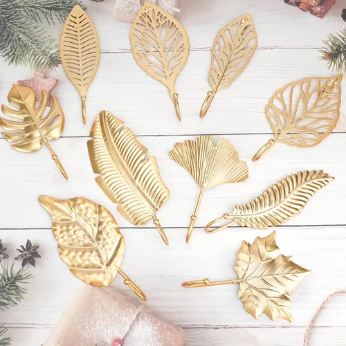 Miniatura 6 de 10 ganchos decorativos de pared con hojas doradas, ganchos para colgar abrigos, toallas, sombreros, perchas de metal para montaje en pared