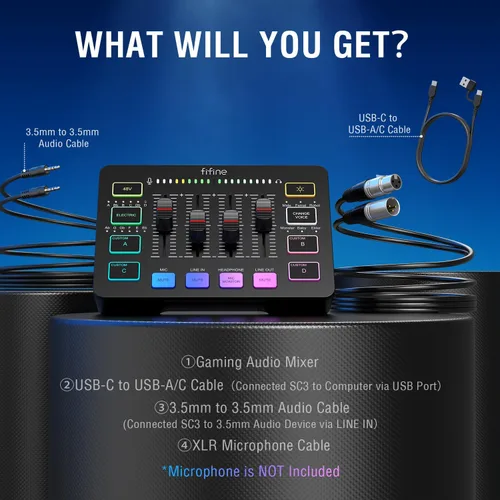 Miniatura 9 de FIFINE Mezclador de audio para juegos con paquete de cable XLR, mezclador de PC RGB de transmisión con cable de micrófono, interfaz XLR, atenuadores