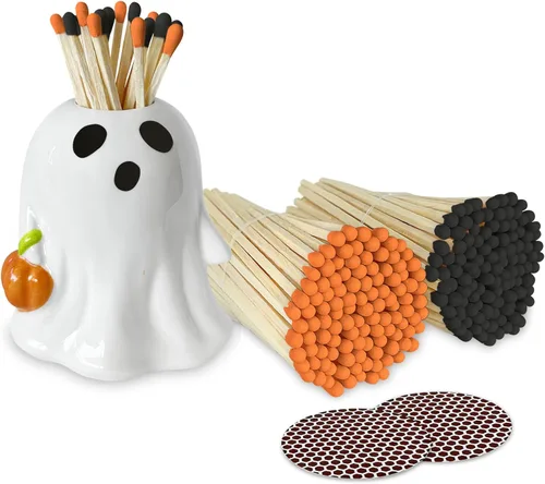 Fósforos naranja y negro de 4 pulgadas y fantasma de Halloween + calcomanías de Striker incluidas. 100 coincidencias decorativas de seguridad con un