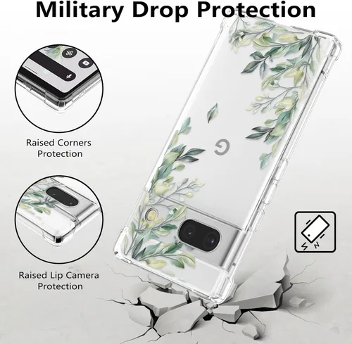 Miniatura 3 de RALEAVO - Funda floral para Google Pixel 7a, funda transparente con hojas y flores, diseño delgado y lindo para niñas y mujeres, cubierta de Verde
