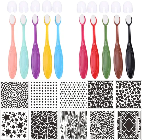 Juego de 10 pinceles de mezcla de tinta, para manualidades, manualidades, papel para manualidades, con 6 plantillas de plástico para hacer tarjetas,