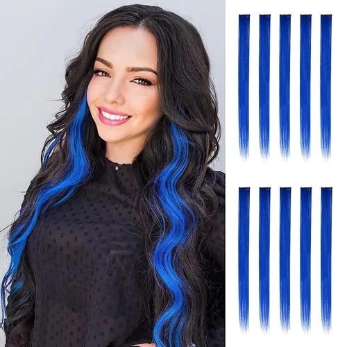 Miniatura 9 de FESHFEN Extensiones de cabello con clip de colores, 16 piezas de 8 colores resaltados, piezas de cabello sintético lacio con clip para mujer, 22