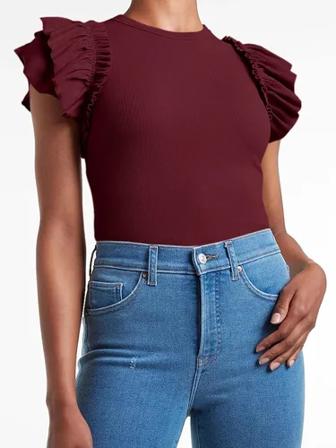 Miniatura 2 de Camisas de manga corta con volantes para mujer, ajuste entallado, cuello alto, punto acanalado
