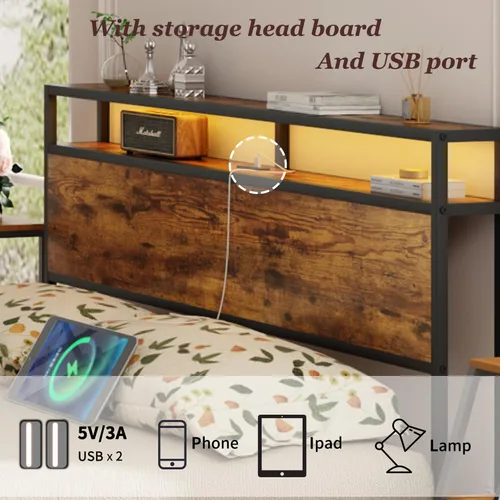 Miniatura 6 de Base de cama matrimonial con luces LED y 2 puertos de estación de carga USB, base de cama de plataforma de tamaño matrimonial, no necesita somier
