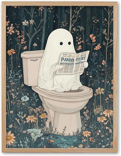 Miniatura 10 de UPWOIGH Decoración artística para pared de baño, arte divertido de pared con diseño de gato negro Are You Pooping, lienzo enmarcado de madera