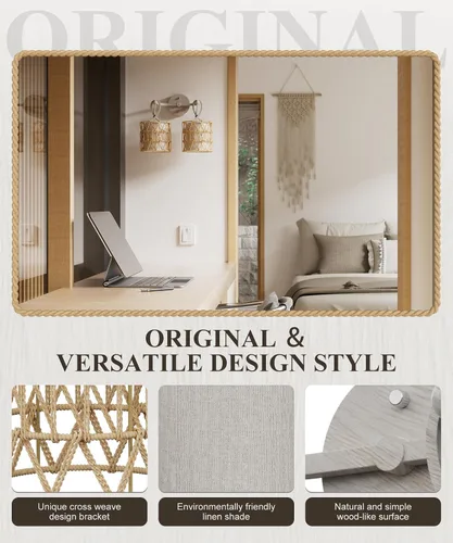 Miniatura 6 de N12-3 Aplique de pared de ratán bohemio de dos luces, accesorios de tocador para espejo, pantalla tejida en cruz y lámpara de pared cableada