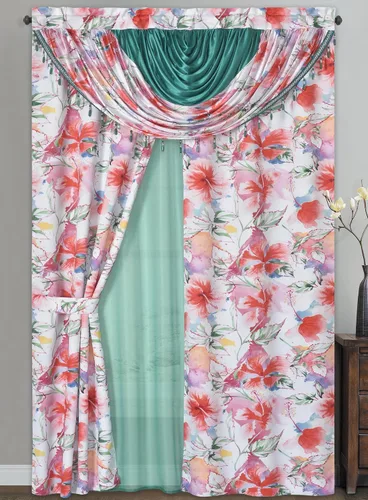 GOHD - Juego de 6 cortinas florales multicolor para ventana, 50 pulgadas de ancho x 90 pulgadas de largo, con cenefa de cascada y respaldo de gasa,