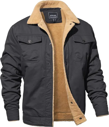 Miniatura 8 de MAGNIVIT Chaqueta cargo de algodón para hombre, chaqueta de trabajo con forro polar Sherpa de invierno con 5 bolsillos