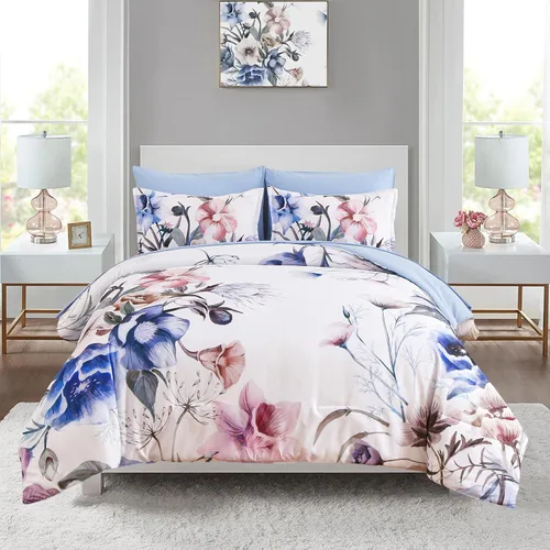 Miniatura 17 de Luxudecor Juego de edredón floral tamaño King de 7 piezas, cama de flores azul marino en una bolsa, elegante edredón floral con juego de sábanas