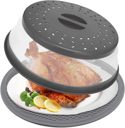Miniatura 8 de Cubierta de salpicaduras de microondas de 10.5 pulgadas para alimentos con alfombrilla de 10 pulgadas, tapa protectora de salpicaduras de silicona