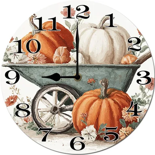 Miniatura 8 de Reloj colgante de madera con parche de calabaza, reloj de pared redondo de madera, silencioso, sin tictac, funciona con pilas, números arábigos