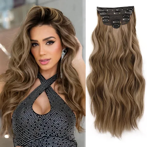 Miniatura 11 de NAYOO Extensiones de cabello con clip, de 20 pulgadas, largo, ondulado, rizado, rubio ceniza, extensiones de cabello sintético de cabeza completa