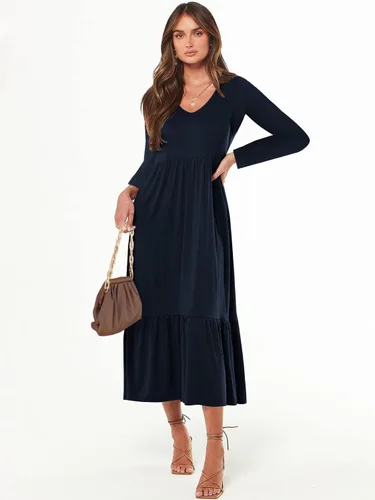 Miniatura 5 de Paintcolors Vestido largo casual de manga larga con cuello en V para mujer, vestido escalonado, color sólido, holgado, con vuelo, vestido midi