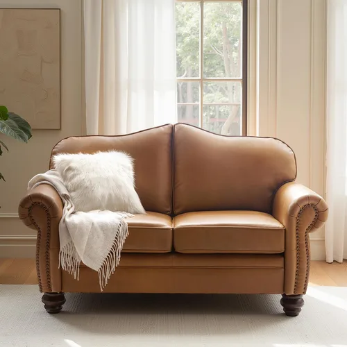 Miniatura 9 de El apoyo que necesitas 152 cm de ancho Sofá Chesterfield de cuero genuino, sofá con brazos enrollados, reborde con clavos para muebles de sala