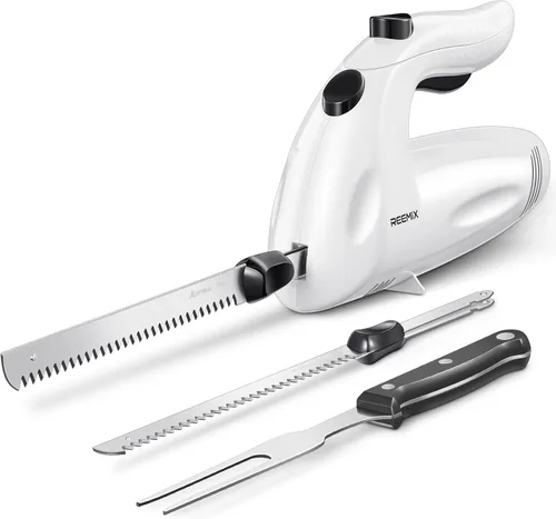 Reemix Cuchillo Eléctrico con Mango, Potente Juego de Cuchillos Eléctricos de 150W para Cortar Carnes, Aves, Pan, Tenedor de Servir y 2 Cuchillas de