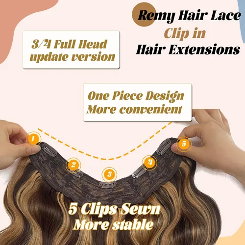 Miniatura 4 de Extensiones de cabello humano rizado real, con reflejos, mezcla de rubio medio, rubio fresa, una pieza, extensiones onduladas con clip