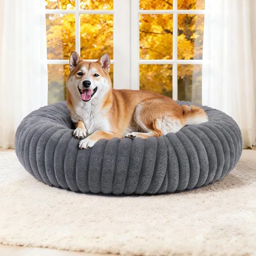 Miniatura 15 de Camas calmantes para perros grandes, cama para perros acolchonada de dona de piel sintética, almohada redonda y esponjosa, cama lavable para Marrón