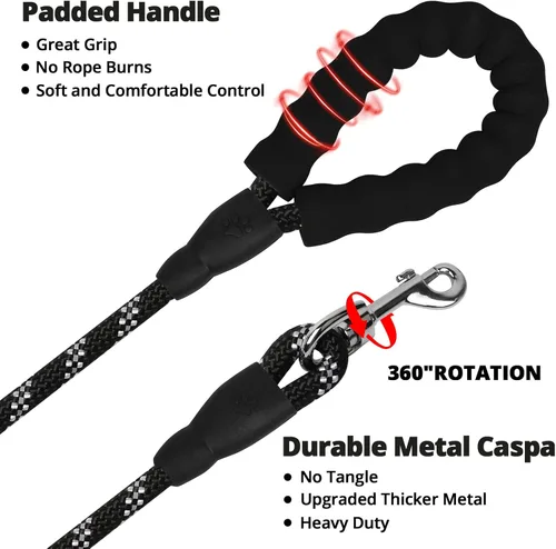 Miniatura 6 de Correa de perro de cuerda de 3 pies: correa resistente con gancho giratorio bloqueable, hilos reflectantes, bungee y asa acolchada - Correa