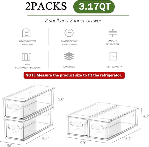Miniatura 2 de Paquete de 2 organizadores de nevera y almacenamiento con cajón extraíble, cajones de almacenamiento apilables, organizadores de refrigerador