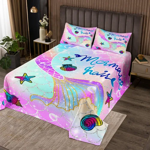 Feelyou Colcha de sirena tamaño individual para niños y niñas, diseño de arco iris, colorido, cola de sirena, juego de ropa de cama impresa, lindo