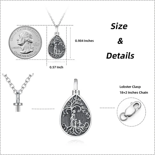 Miniatura 72 de Collar con colgante de urna de cenizas de cremación y árbol de la vida para mujer, plata de ley US1