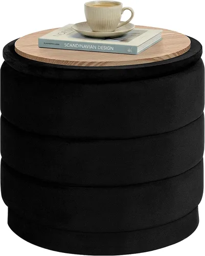 PINPLUS Otomana redonda de terciopelo con bandeja otomana de terciopelo extraíble para dormitorio, sala de estar, dormitorio, color negro, 15.3
