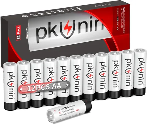 PKUNIN Paquete de 12 pilas alcalinas AA de 1.5 V doble A de larga duración LR6 pilas alcalinas AA para dispositivos domésticos y de oficina, 10 años