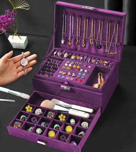 Miniatura 6 de Cajas de Joyería para Mujeres Morado Organizador de Joyas de Terciopelo con Cerradura, Organizadores de Joyas para Adolescentes y Caja Organizadora