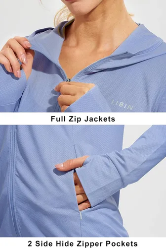 Miniatura 3 de Libin sudadera con capucha para mujer, con cremallera completa, UPF 50+, capucha con protección solar, de manga larga, para senderismo