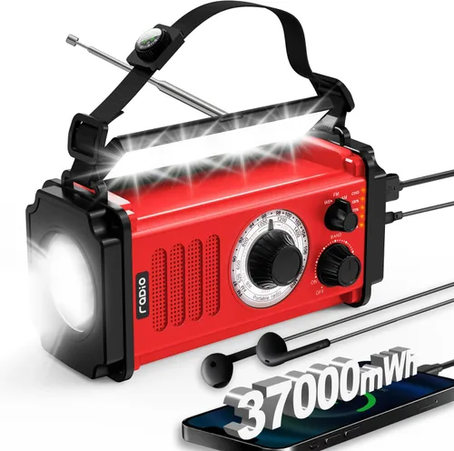 Radio de emergencia con manivela de 37000 mWh, radio meteorológica solar portátil AM/FM/NOAA con batería recargable, cargador USB, alarma SOS,