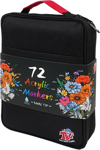 TBC The Best Crafts 72 colores Marcadores de pintura acrílica de doble punta, bolsa de lienzo Topgrade con diseño de doble cremallera, impermeable,