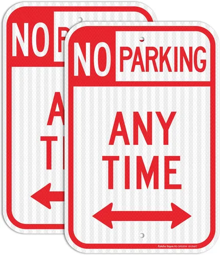 Paquete de 2 letreros con flechas de "No estacionar en cualquier momento", 18 x 12 pulgadas, láminas reflectantes de grado ingeniero, aluminio libre