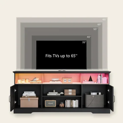 Miniatura 5 de Wodeer Soporte de TV negro para televisores de hasta 65 pulgadas, centro de entretenimiento de granja de 59 pulgadas con gabinete de almacenamiento