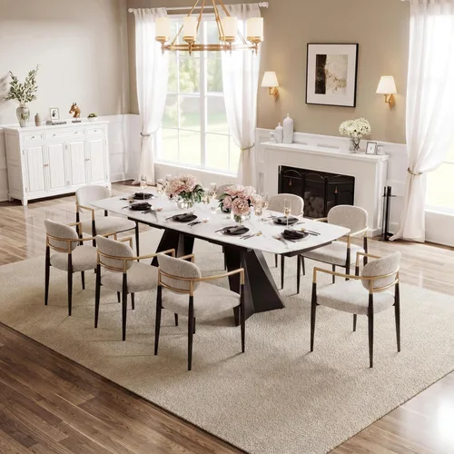 Miniatura 22 de Mesa de comedor extensible con extensión, 65"-95" piedra sinterizada rectangular, superficie con aspecto de mármol, para 6-12 personas, base