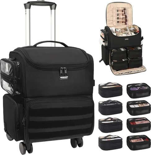 Miniatura 10 de Relavel Estuche de tren de maquillaje rodante, estuche de cosmetología sobre ruedas con 4 bolsas transparentes, bolsas profesionales para Negro