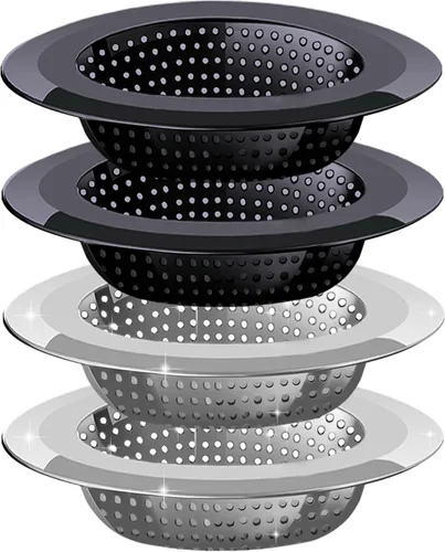 Cesta de Drenaje para Fregadero de Cocina, Juego de 4 Coladores de Fregadero de Acero Inoxidable y Negro con Malla para Cocina con Borde Ancho
