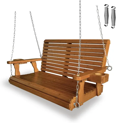 Columpio de madera para porche de 2 plazas, con respaldo alto y asiento profundo, columpio con banco y portavasos, cadenas colgantes y resortes de 7