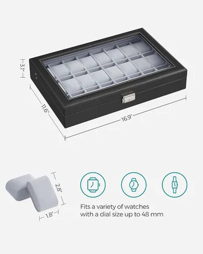 Miniatura 6 de SONGMICS 24 organizador y exhibidor negro de calidad superior, de vidrio, con funda para reloj, de piel sintética UJWB024