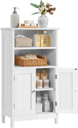 Miniatura 11 de Yaheetech Armario de almacenamiento para baño, armario de piso de baño con 2 puertas y 1 cajón, unidades de almacenamiento con 3 compartimentos