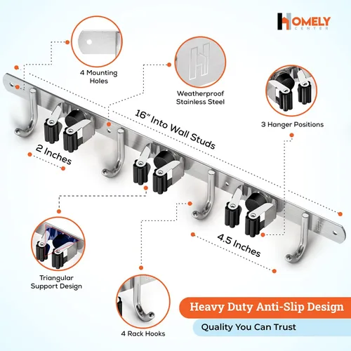 Miniatura 2 de Homely Center Soporte de pared para fregona y escoba, organizador de armario resistente para garaje, cocina, organización de lavandería, colgador