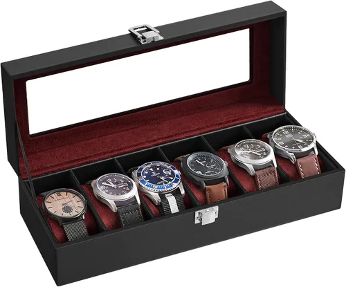SONGMICS Caja de reloj, caja de reloj de 6 ranuras con tapa de vidrio grande, almohadas extraíbles para reloj, organizador de caja de reloj, regalo