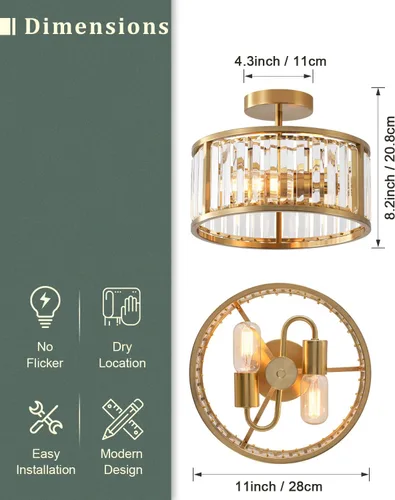 Miniatura 4 de Lámpara de techo empotrada de latón dorado, candelabro de cristal enjaulado de 2 luces, lámparas de pasillo de tambor pequeño para montaje en techo
