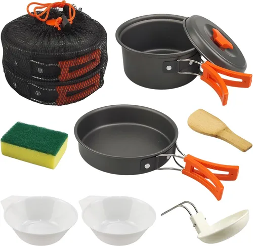 Juego de 7 sartenes para acampar, juego de ollas y sartenes de mochila, kit de cocina de supervivencia para senderismo, picnic Naranja