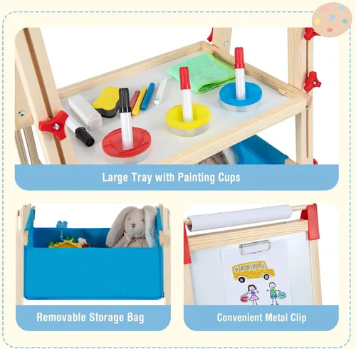 Miniatura 6 de HONEY JOY Caballete para niños, caballete de madera ajustable de doble cara con pizarra magnética y pizarra blanca, rollo de papel, más de 60
