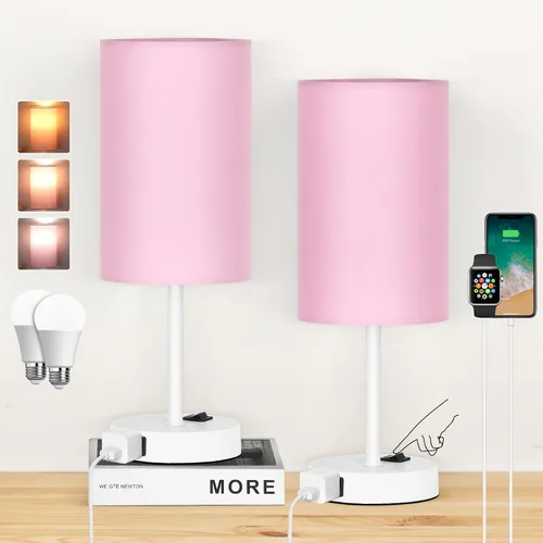 Miniatura 10 de ZJOJO Juego de 2 lámparas de mesa para dormitorio, lámparas pequeñas de noche con interruptor basculante regulable de 3 vías y toma de corriente