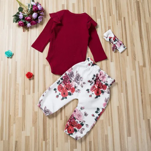 Miniatura 3 de Conjunto de ropa de 2 piezas para bebé recién nacido, con volantes, pantalones florales, diadema, otoño e invierno
