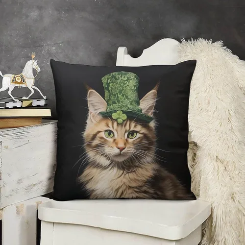 Fundas de almohada de granja con diseño de feliz día de San Patricio con un gato en un sombrero de trébol, fundas de almohada de terciopelo de